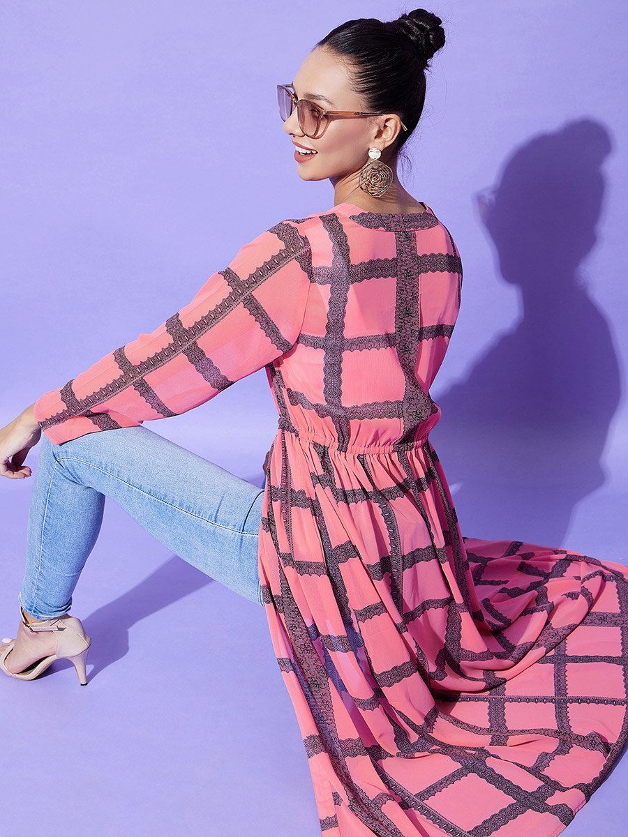 Pink Checked Print Long Sleeve Shrug