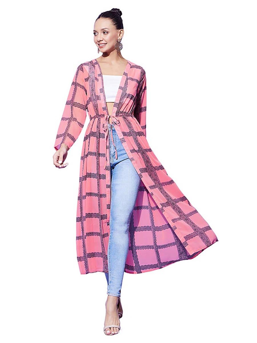 Pink Checked Print Long Sleeve Shrug