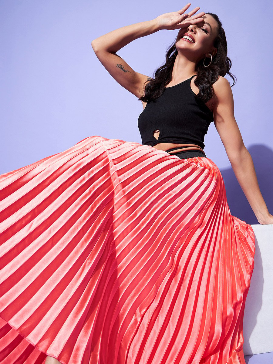 Satin Pink Pleated A-Line Midi Skirt