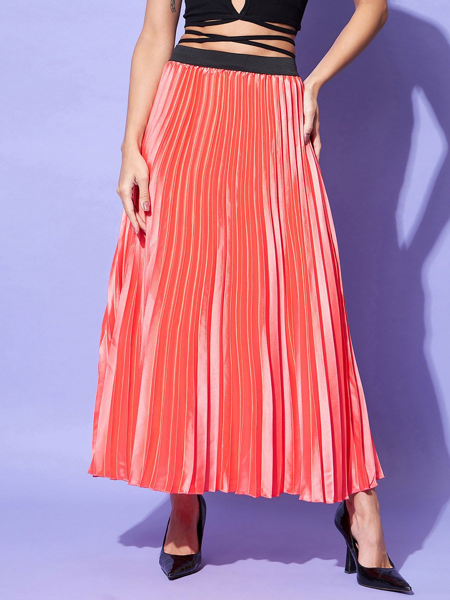 Satin Pink Pleated A-Line Midi Skirt
