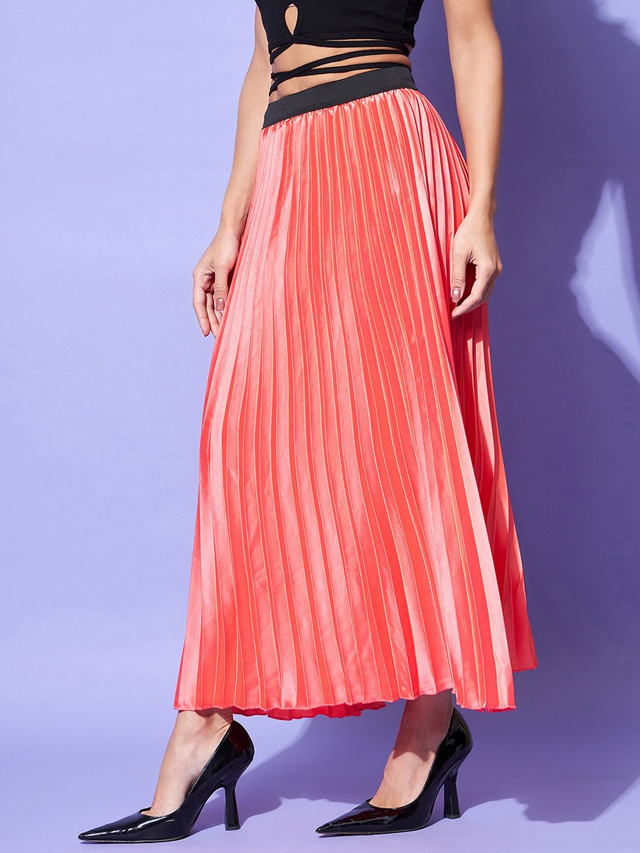 Satin Pink Pleated A-Line Midi Skirt