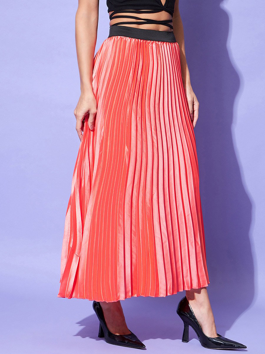 Satin Pink Pleated A-Line Midi Skirt
