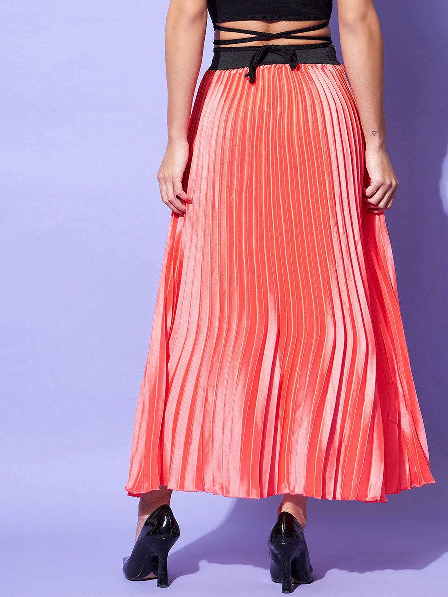 Satin Pink Pleated A-Line Midi Skirt