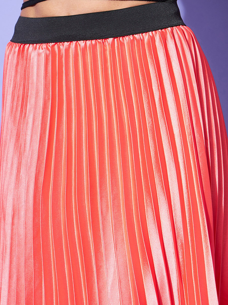 Satin Pink Pleated A-Line Midi Skirt
