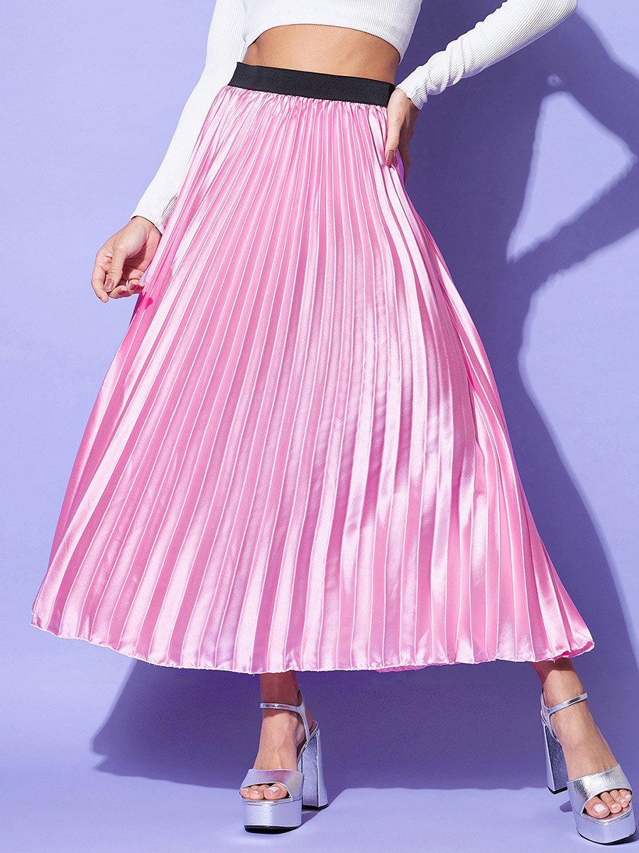 Satin Pink Pleated A-Line Midi Skirt