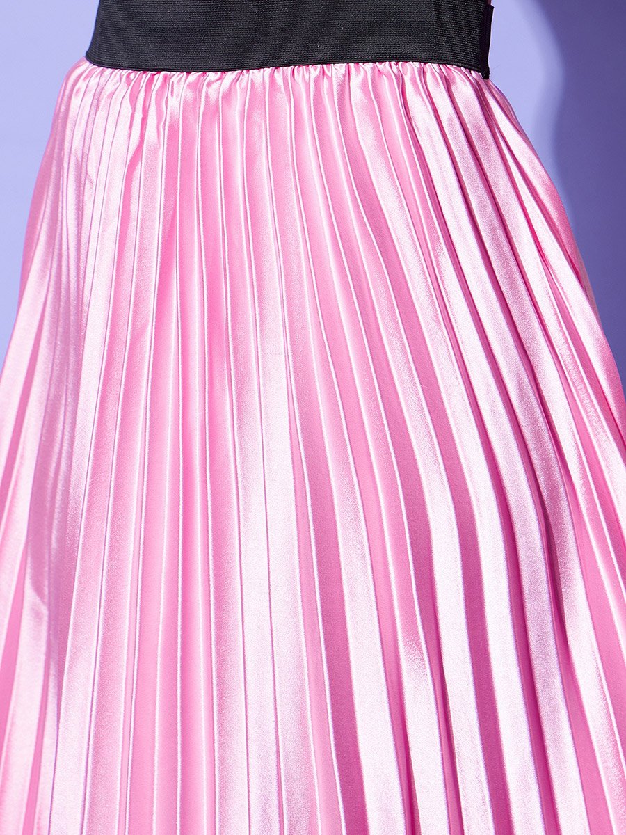 Satin Pink Pleated A-Line Midi Skirt