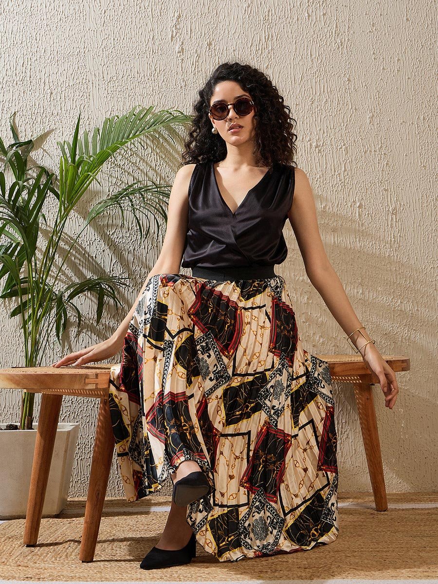 Printed Satin Pleated A-Line Midi Skirt