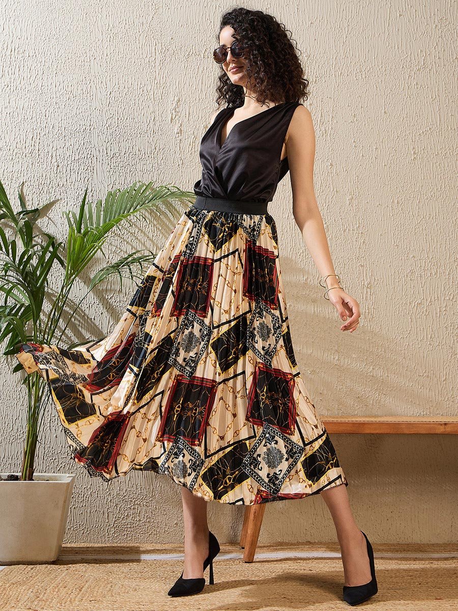 Printed Satin Pleated A-Line Midi Skirt