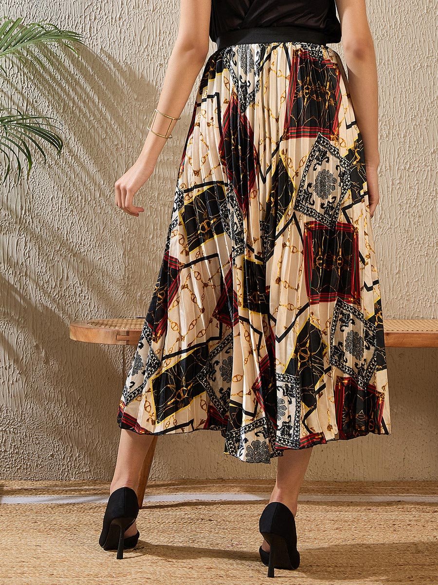 Printed Satin Pleated A-Line Midi Skirt