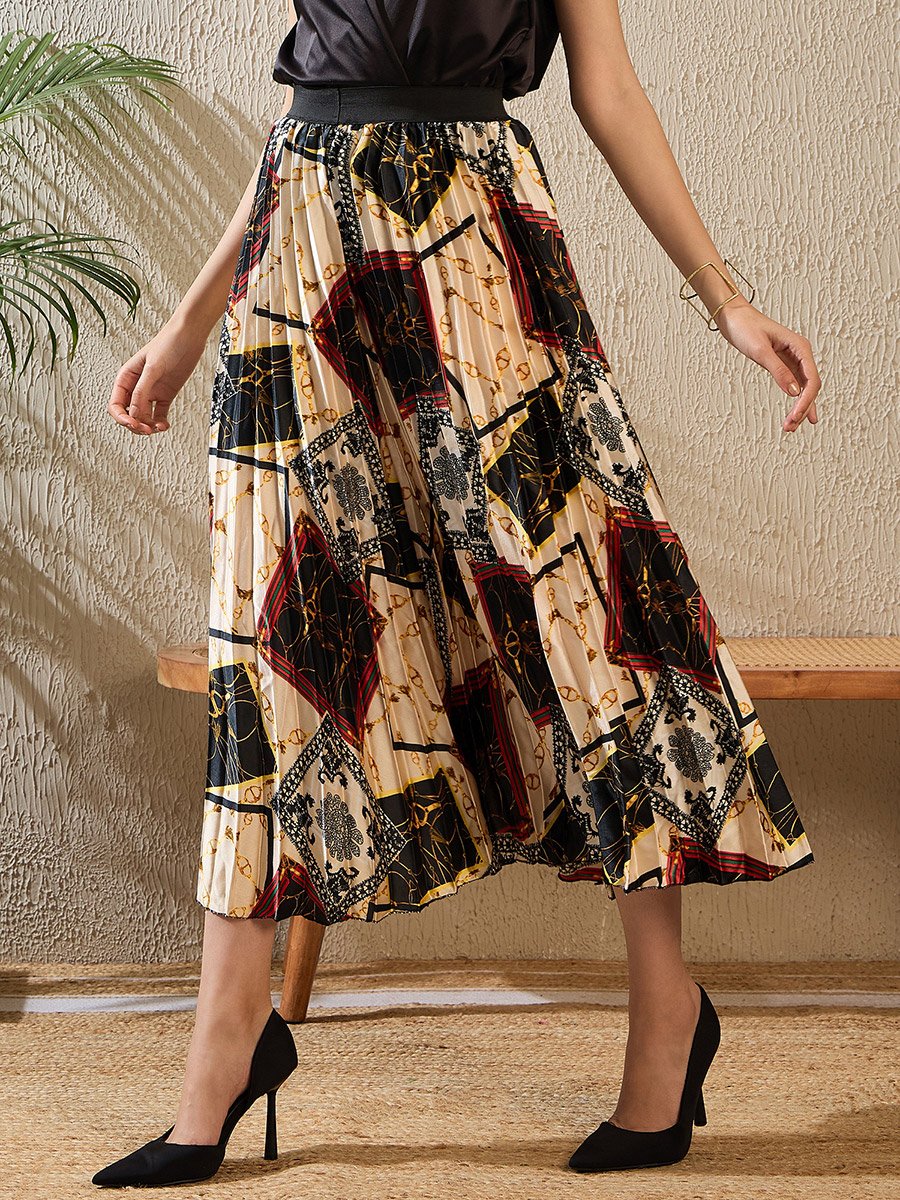 Printed Satin Pleated A-Line Midi Skirt
