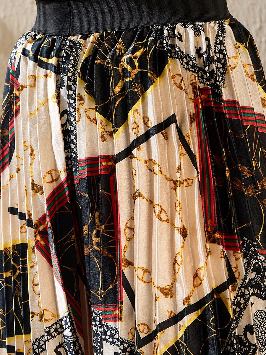 Printed Satin Pleated A-Line Midi Skirt