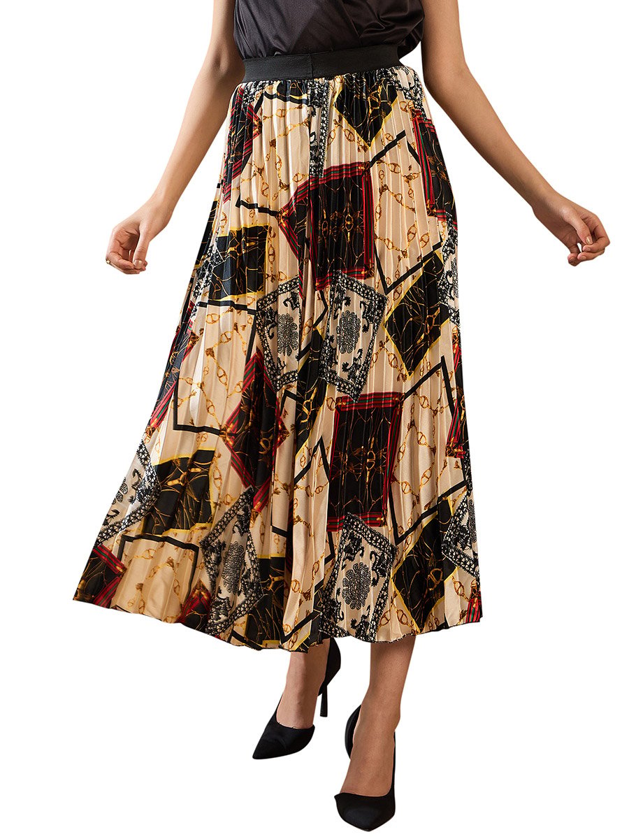 Printed Satin Pleated A-Line Midi Skirt