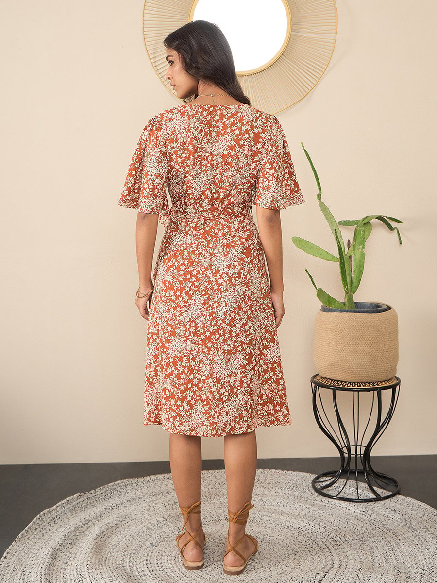 Brown Floral Print Wrap Knee Length Dress