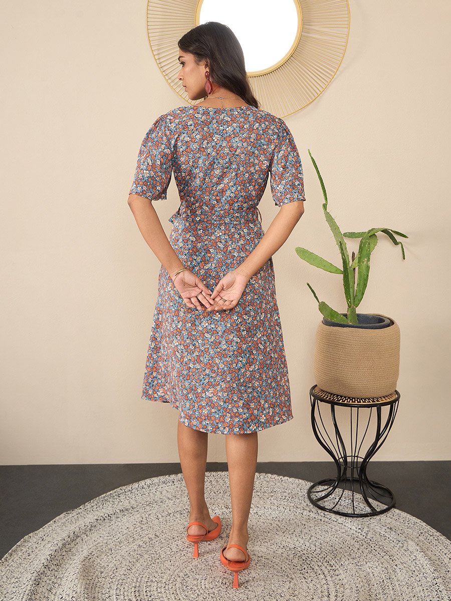 Floral Print V-Neck Wrap Knee Length Dress
