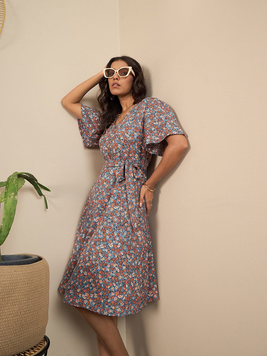 Floral Print V-Neck Wrap Knee Length Dress