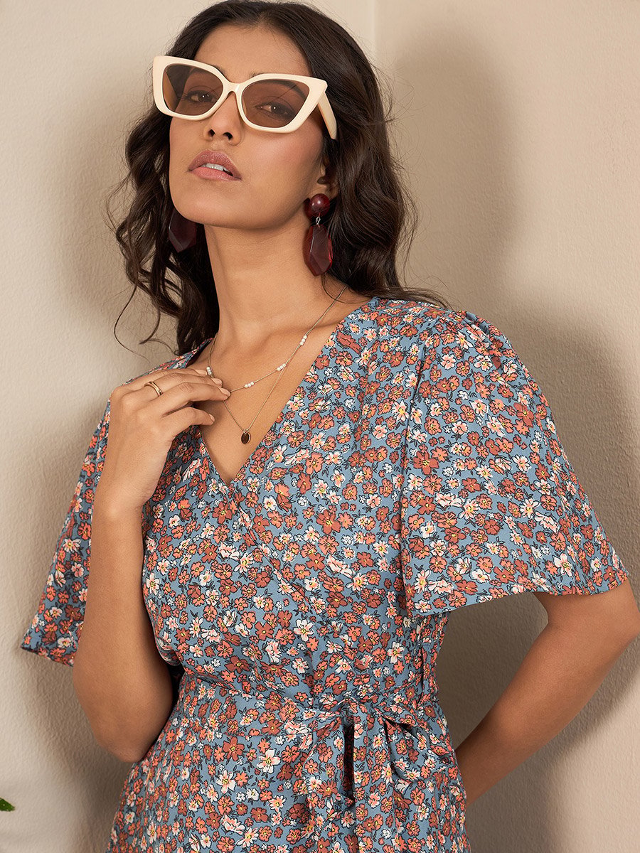 Floral Print V-Neck Wrap Knee Length Dress