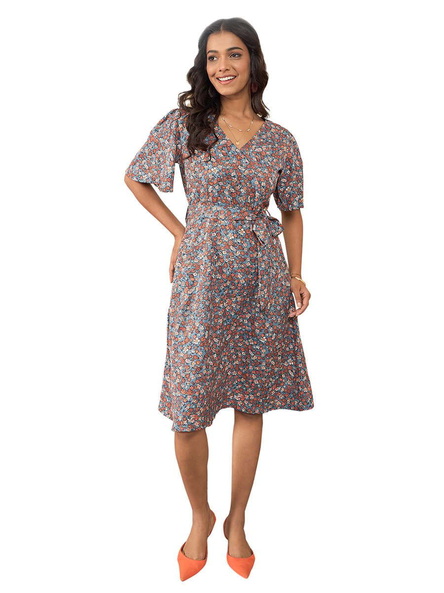 Floral Print V-Neck Wrap Knee Length Dress