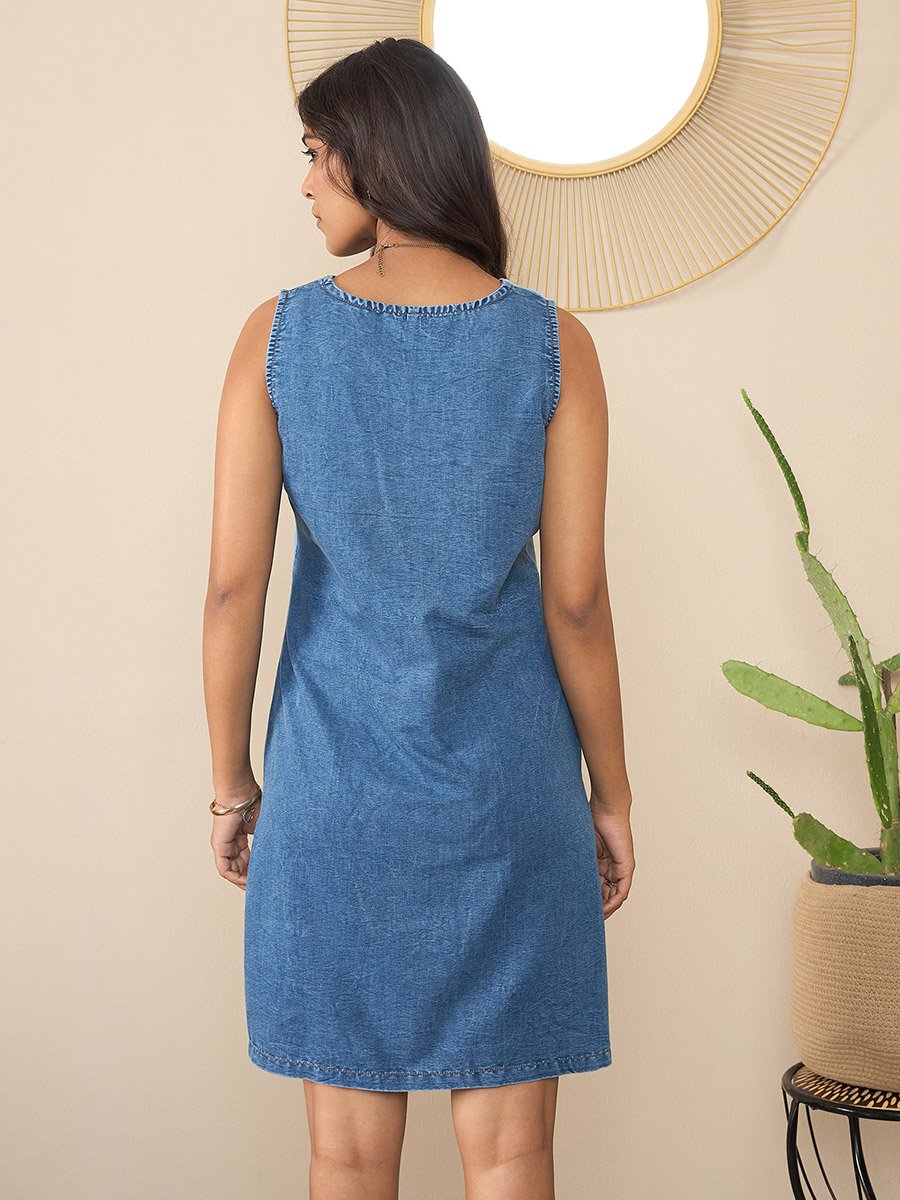 Blue Sleeveless Denim Mini Dress with Patchwork