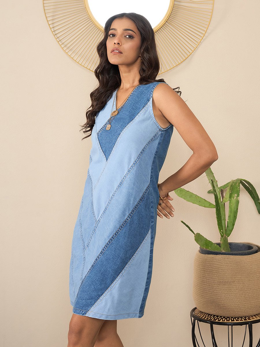 Blue Sleeveless Denim Mini Dress with Patchwork