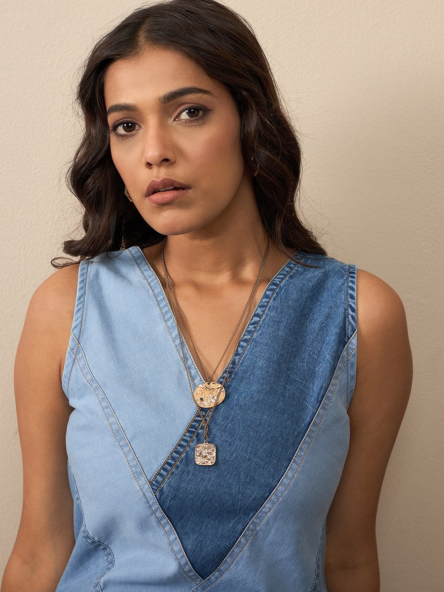 Blue Sleeveless Denim Mini Dress with Patchwork