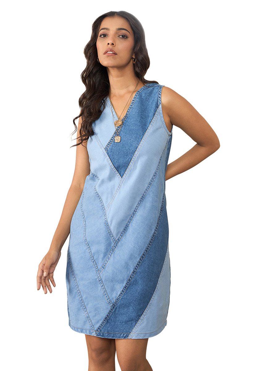 Blue Sleeveless Denim Mini Dress with Patchwork