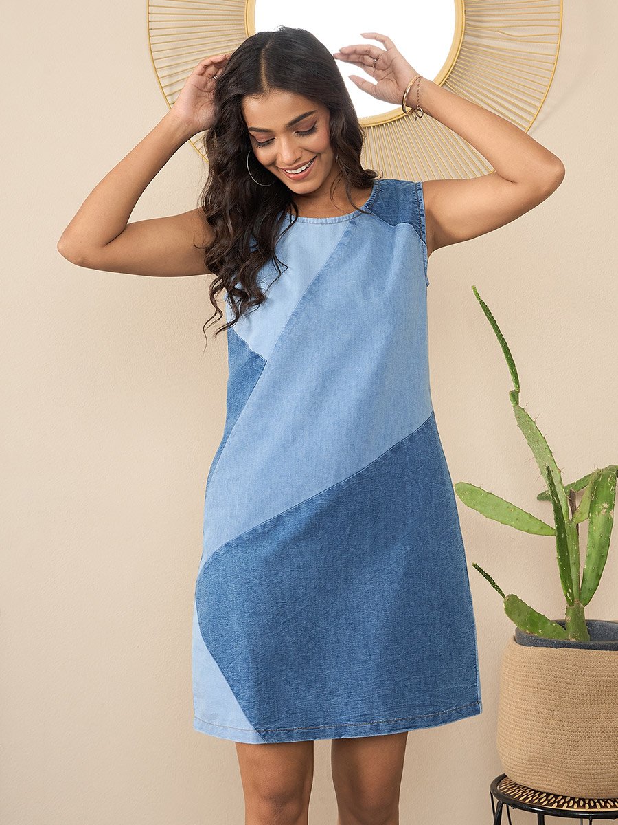 Sleeveless Denim Mini Dress with Patchwork Detail