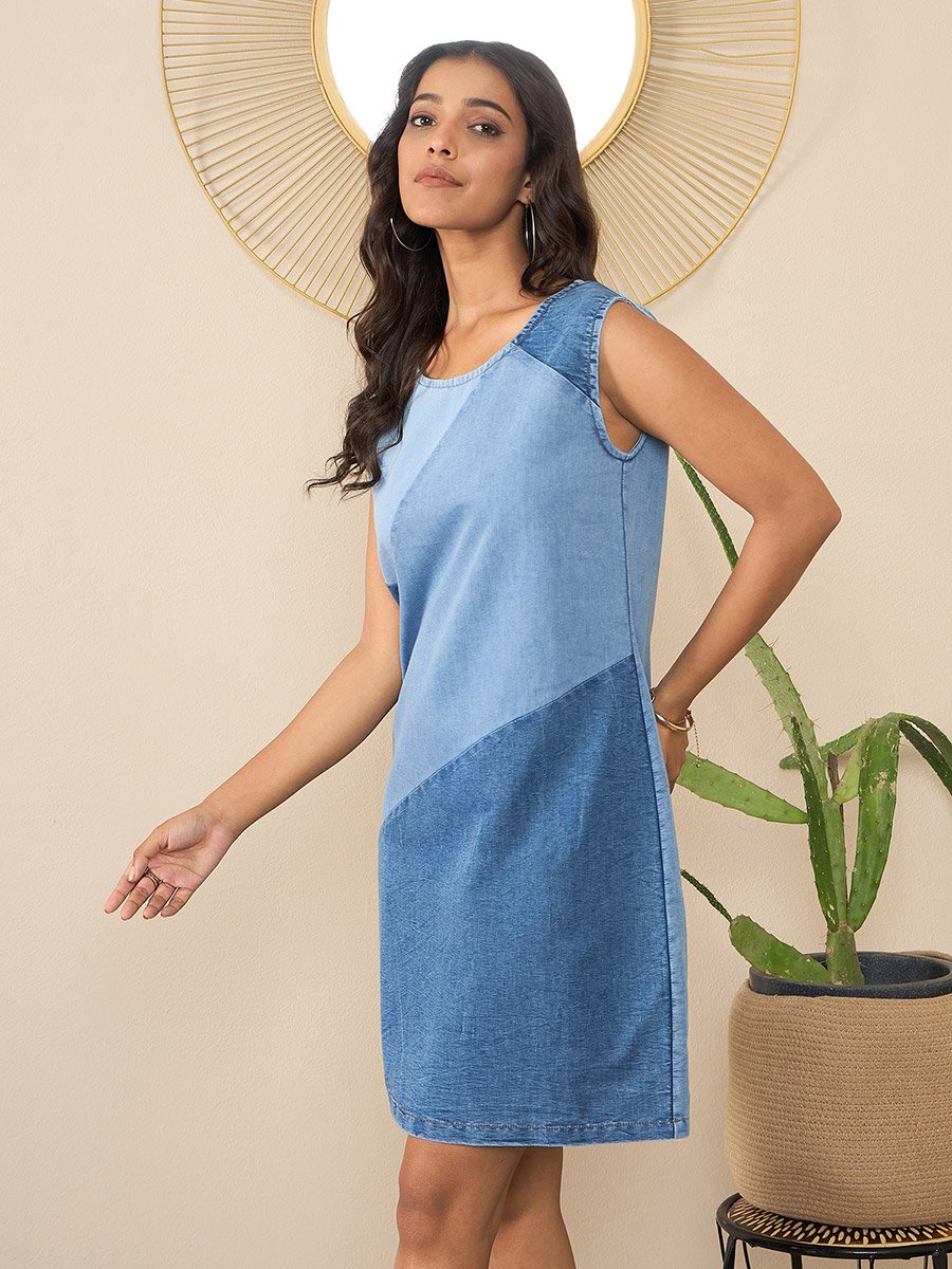Sleeveless Denim Mini Dress with Patchwork Detail