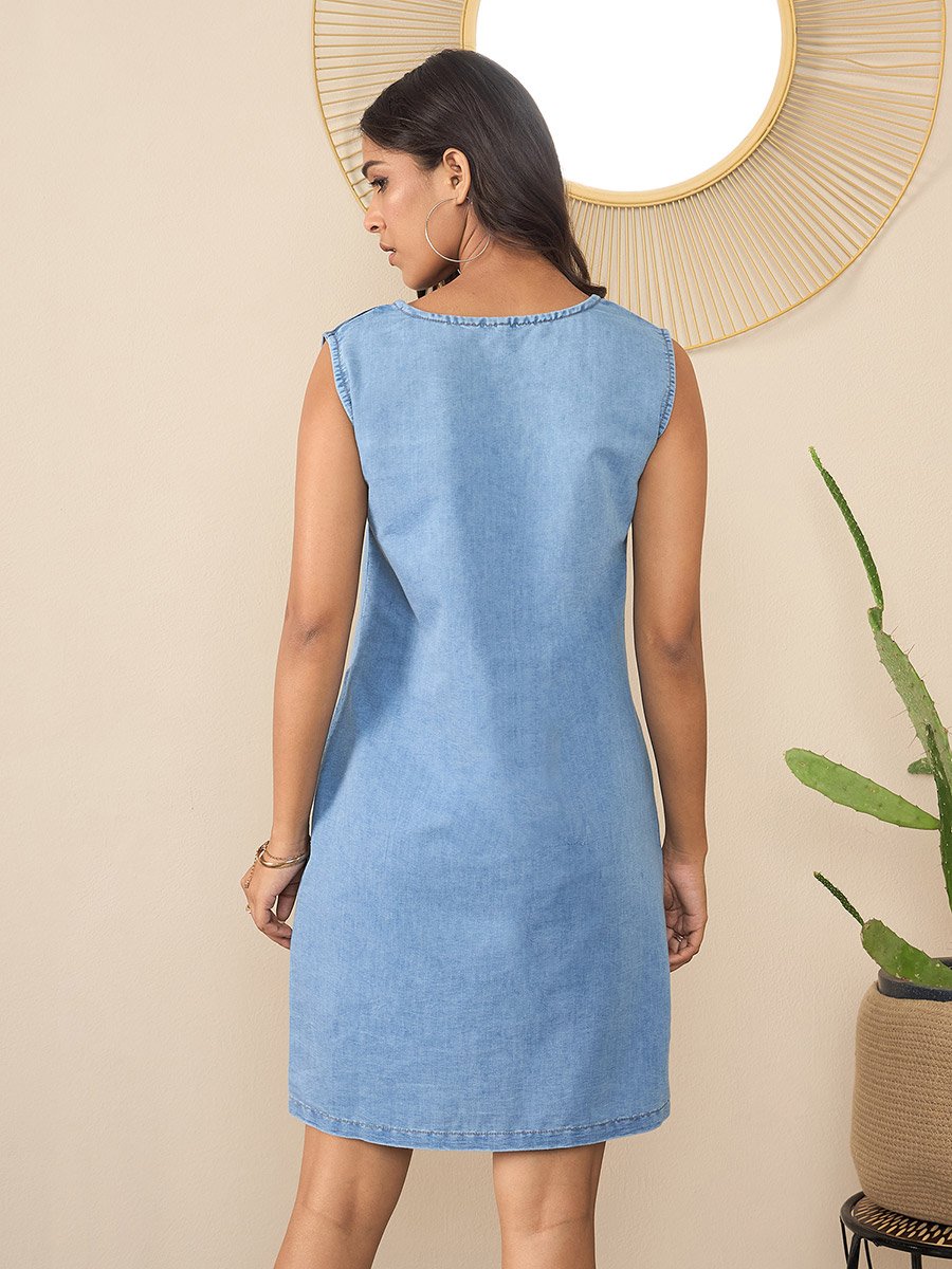 Sleeveless Denim Mini Dress with Patchwork Detail