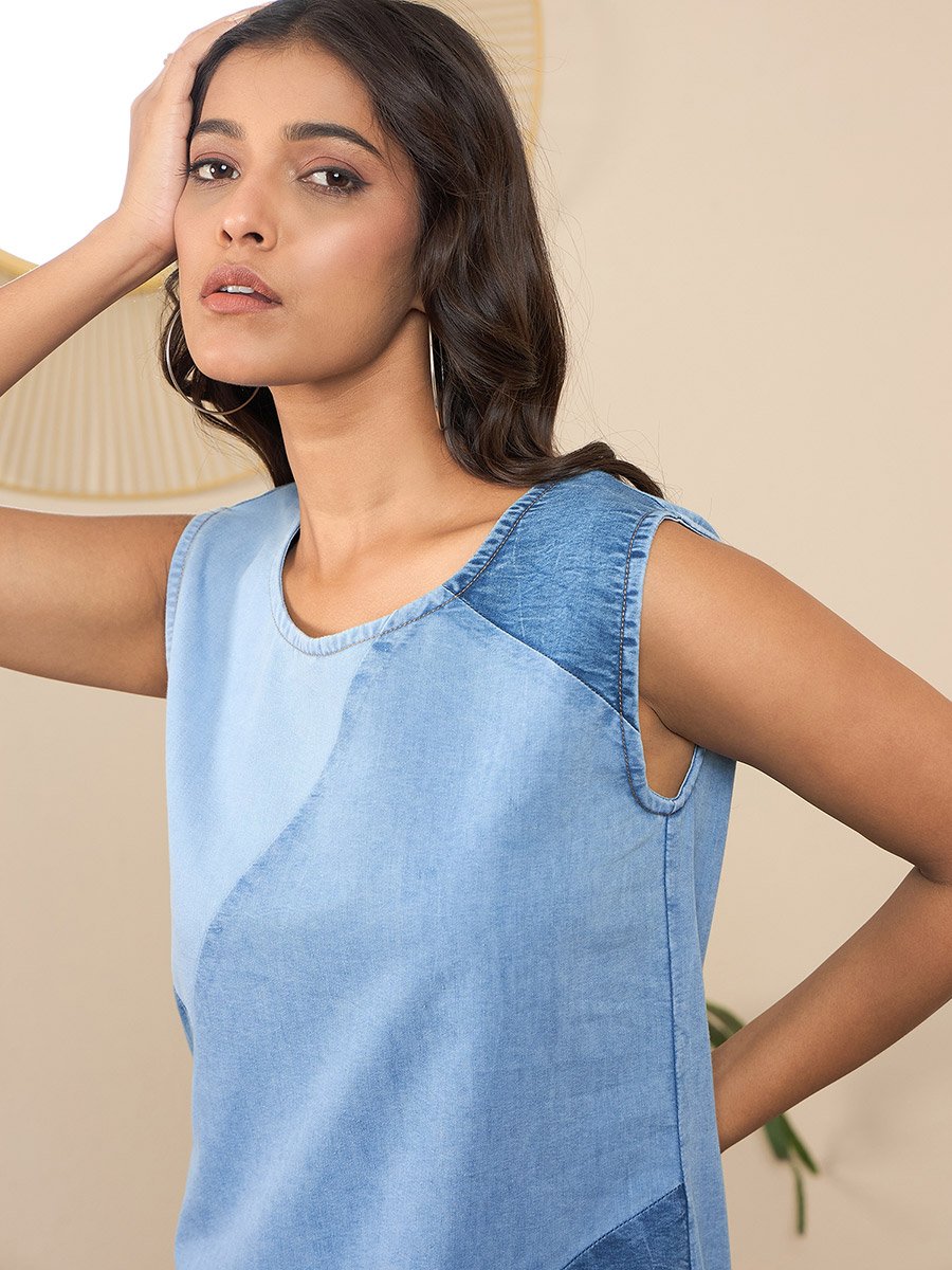 Sleeveless Denim Mini Dress with Patchwork Detail