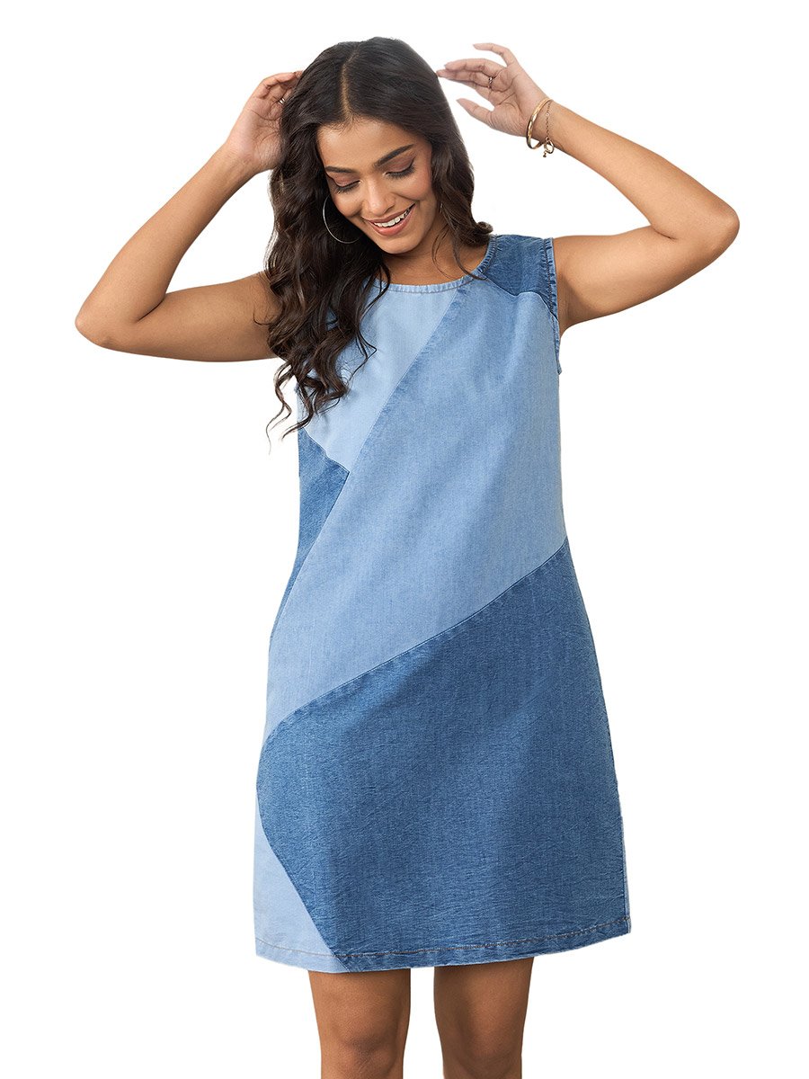 Sleeveless Denim Mini Dress with Patchwork Detail