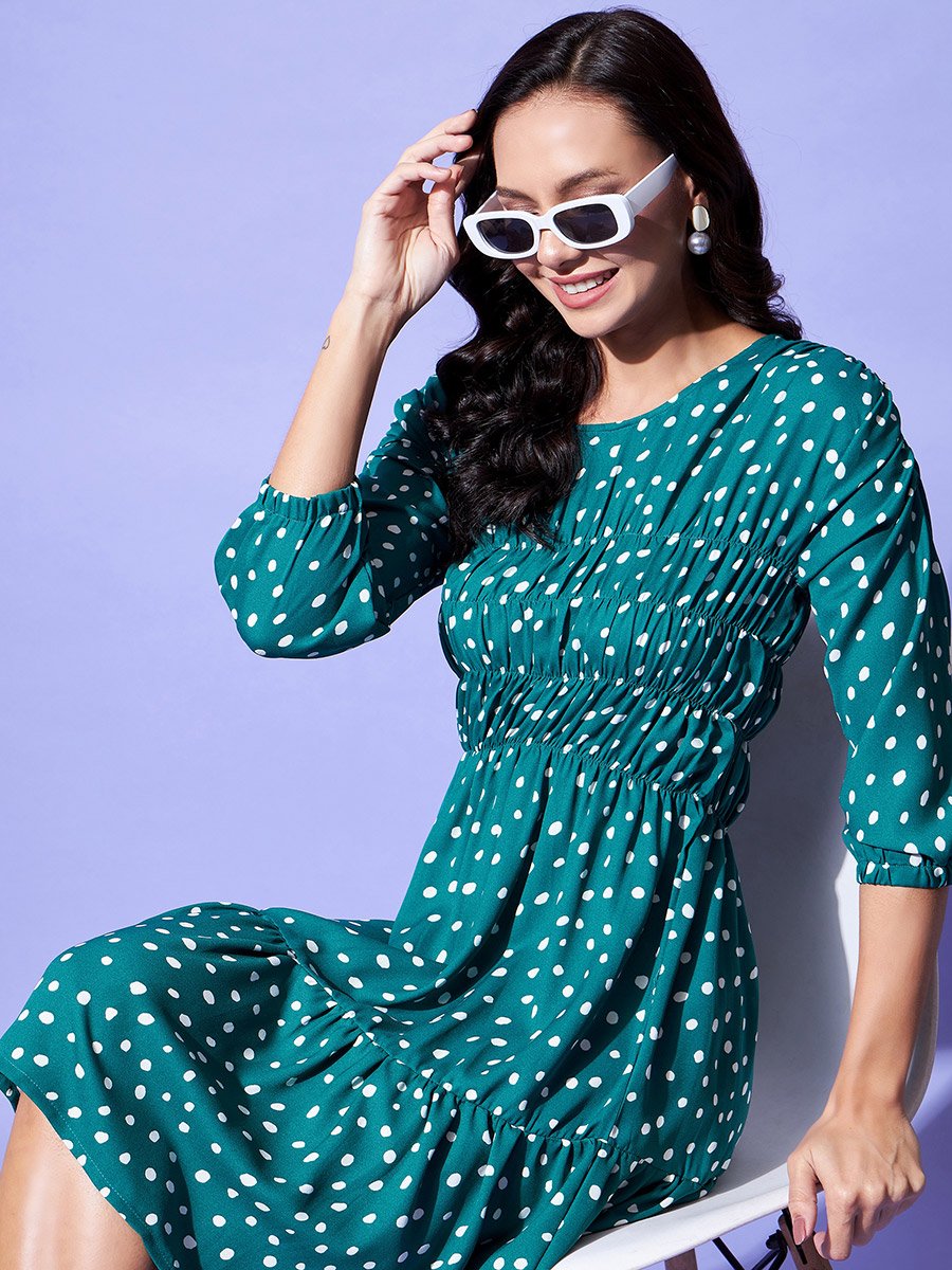 Polka Dot Print Ruched Detail Knee Length Dress