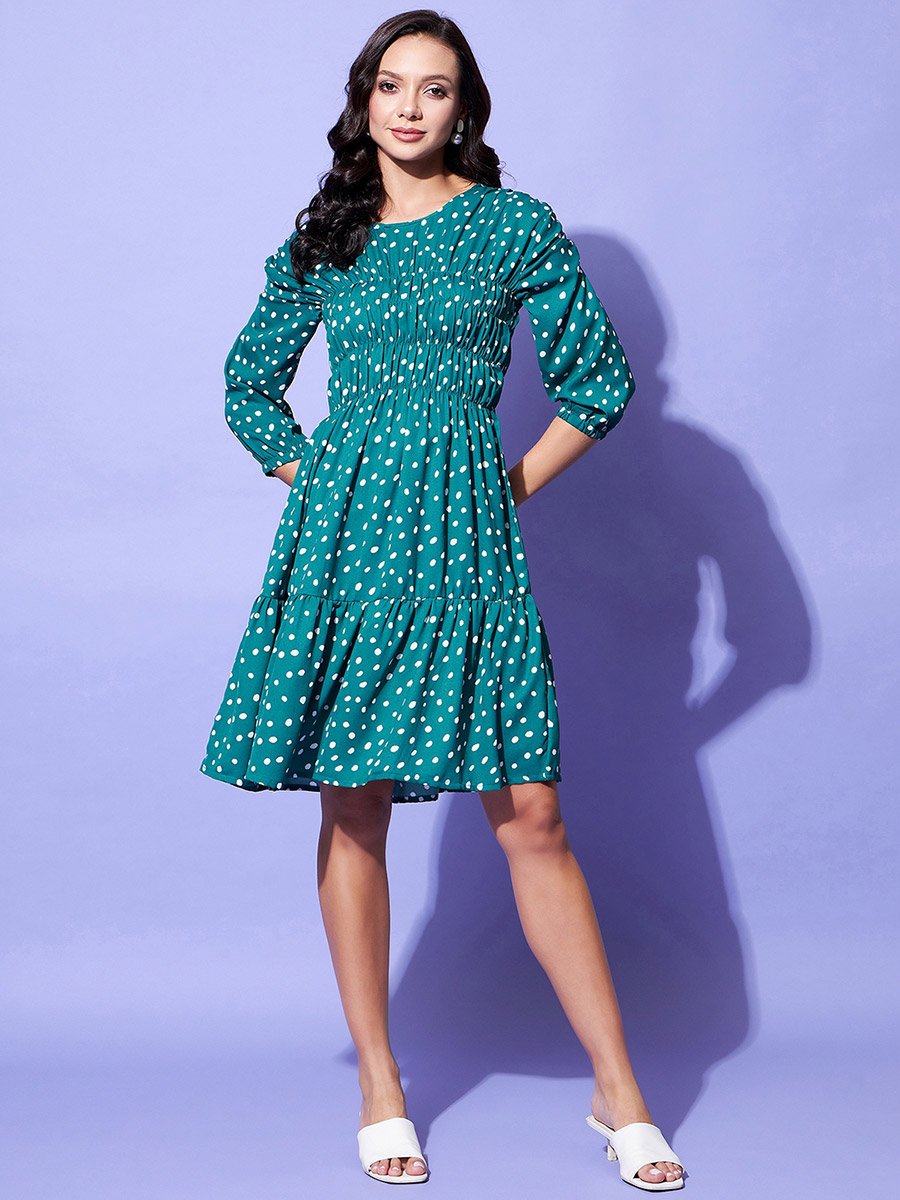 Polka Dot Print Ruched Detail Knee Length Dress