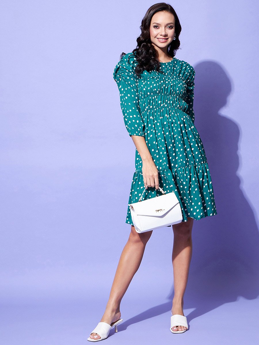 Polka Dot Print Ruched Detail Knee Length Dress