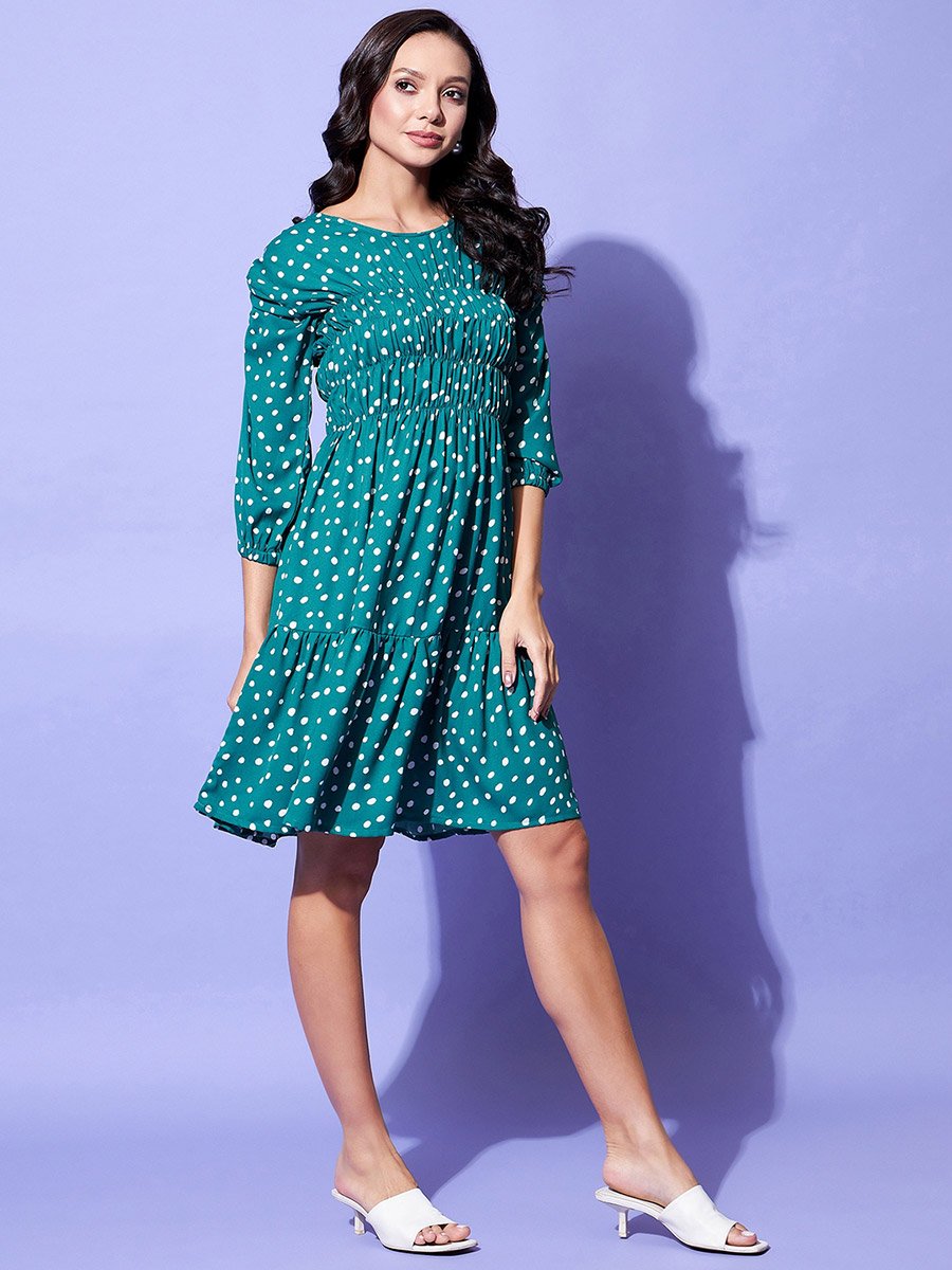 Polka Dot Print Ruched Detail Knee Length Dress