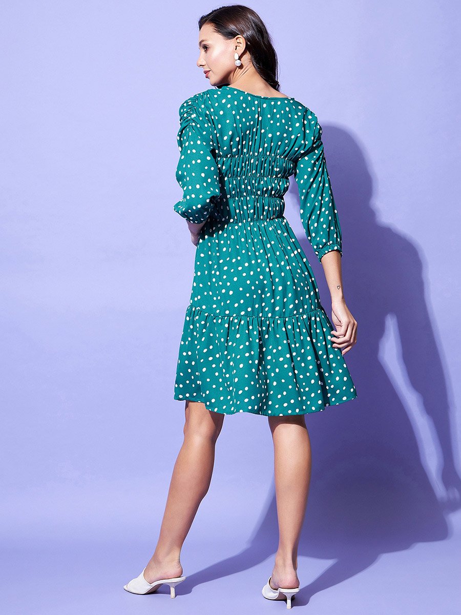 Polka Dot Print Ruched Detail Knee Length Dress
