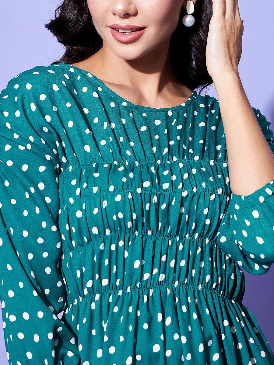 Polka Dot Print Ruched Detail Knee Length Dress