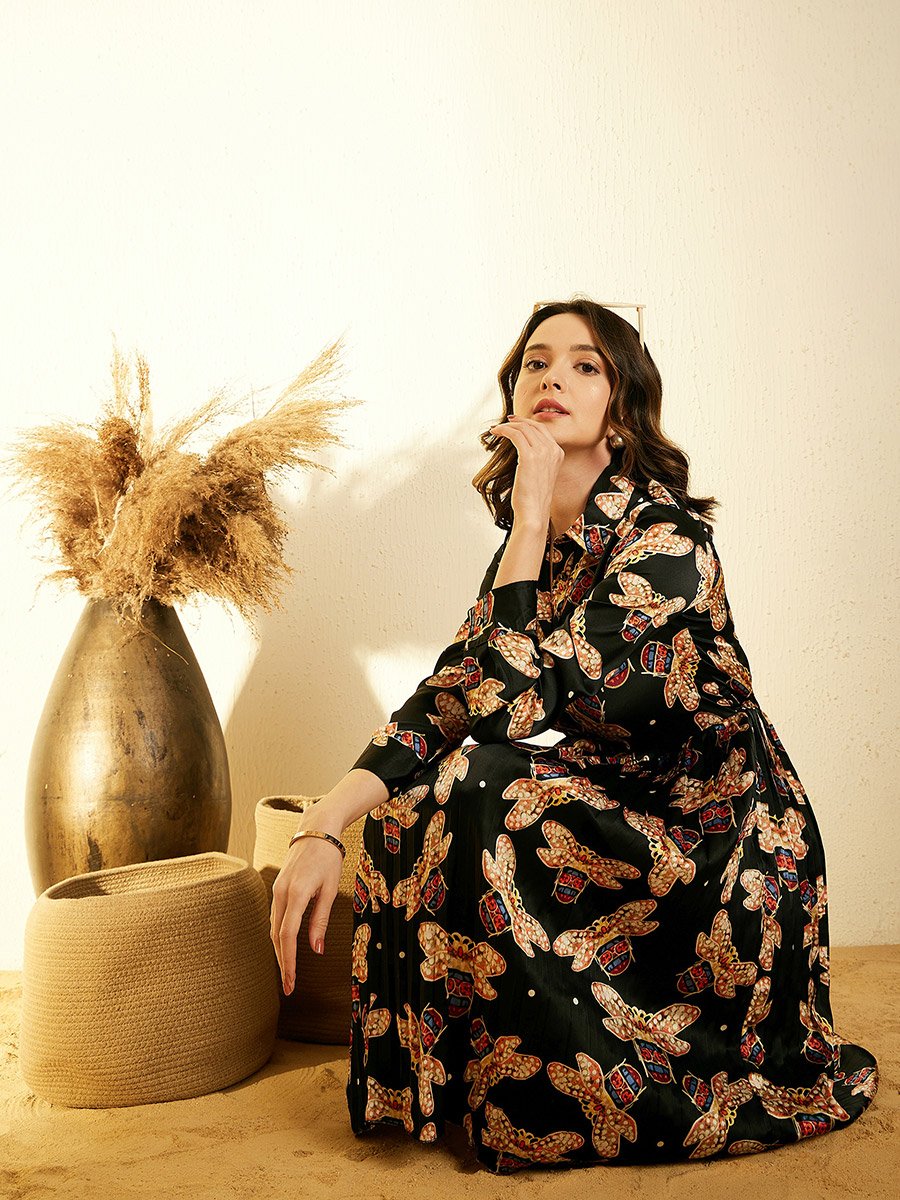 All-Over Print Satin Pleated Knee Length Dress
