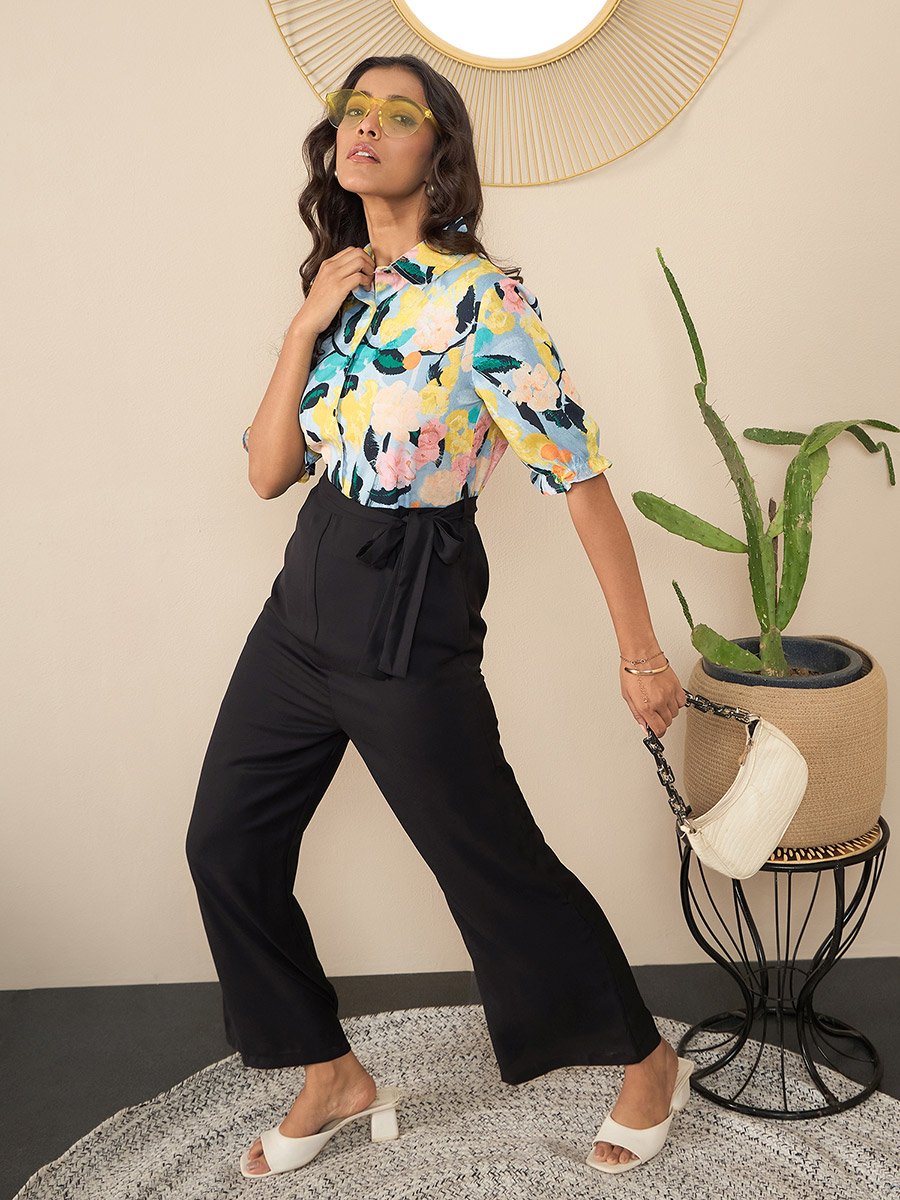 Floral Print Spread Collar Buttoned Jumpsuit