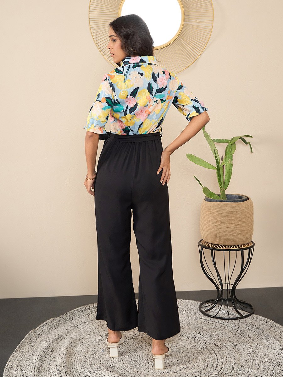 Floral Print Spread Collar Buttoned Jumpsuit