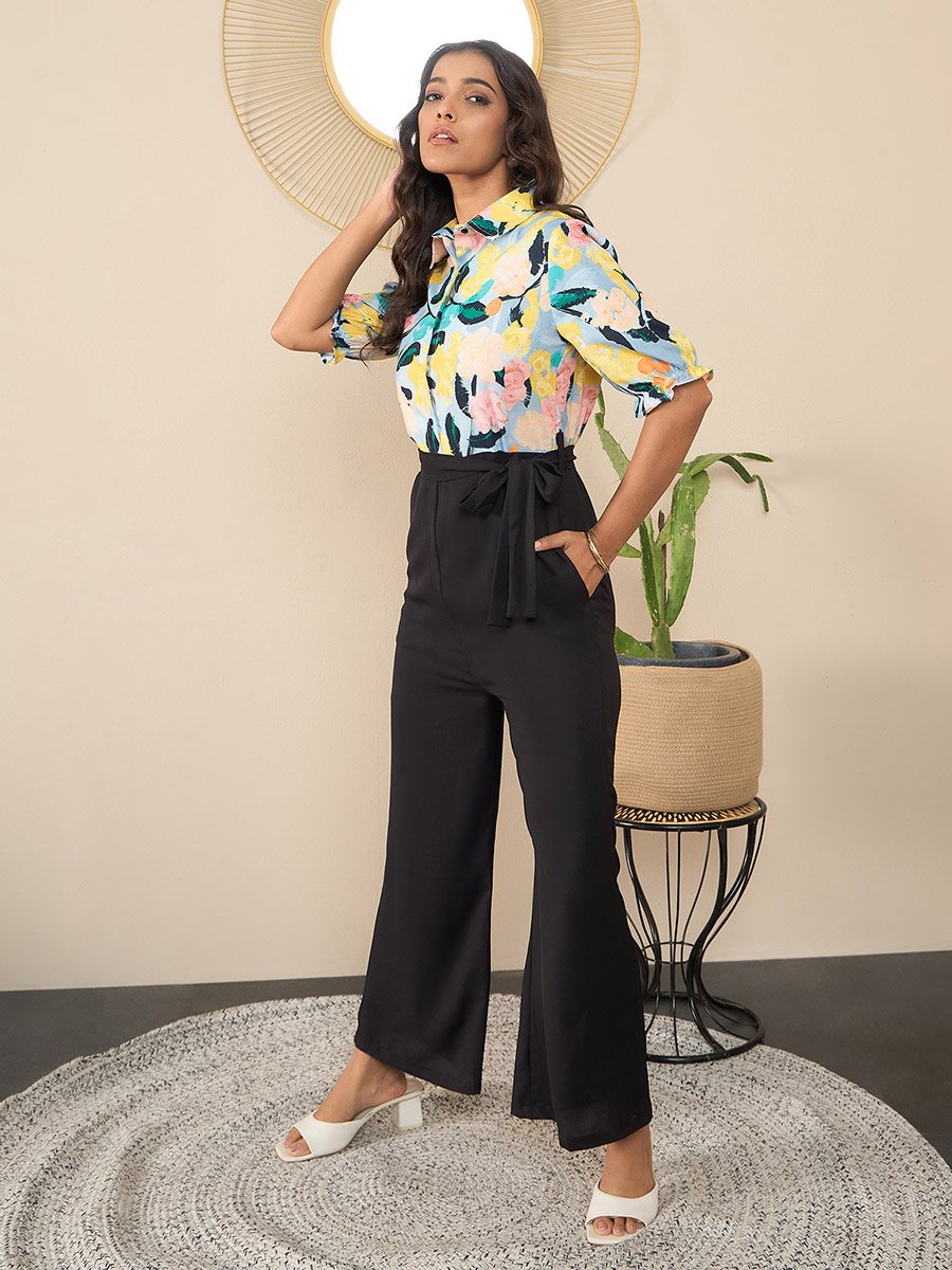Floral Print Spread Collar Buttoned Jumpsuit
