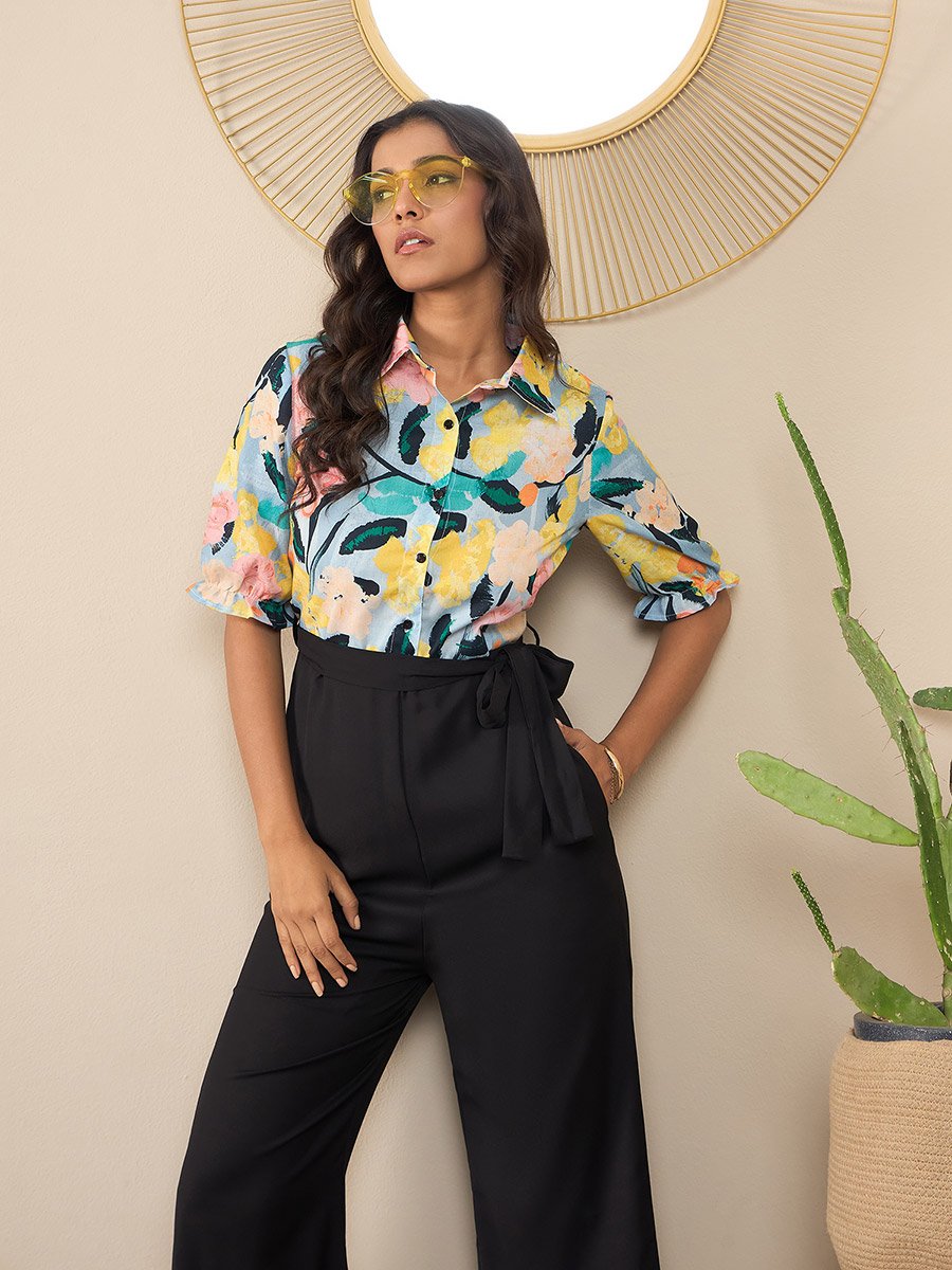 Floral Print Spread Collar Buttoned Jumpsuit