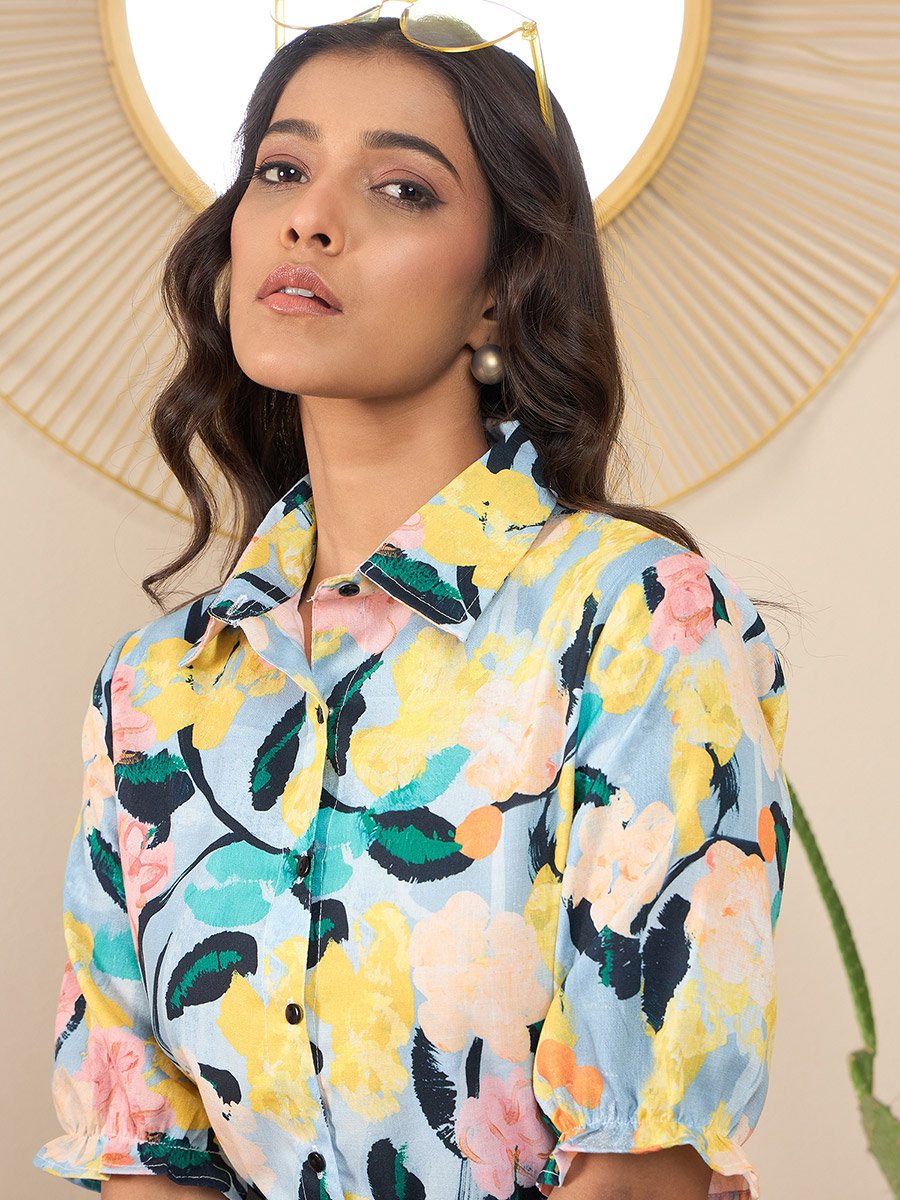 Floral Print Spread Collar Buttoned Jumpsuit