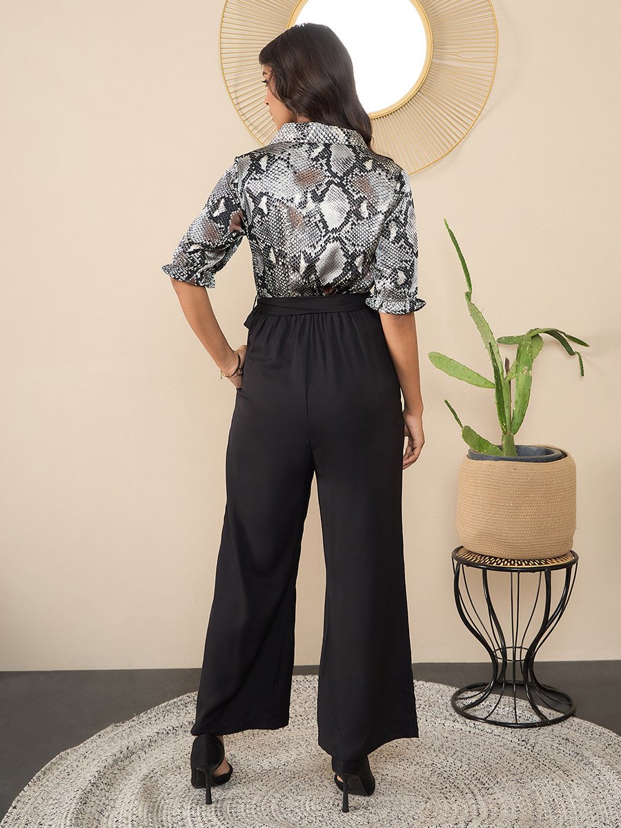 Satin Snake Print Buttoned Jumpsuit