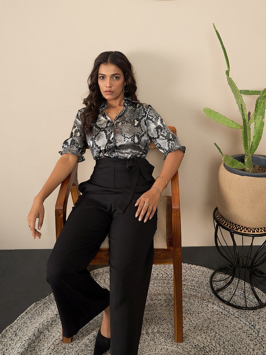 Satin Snake Print Buttoned Jumpsuit