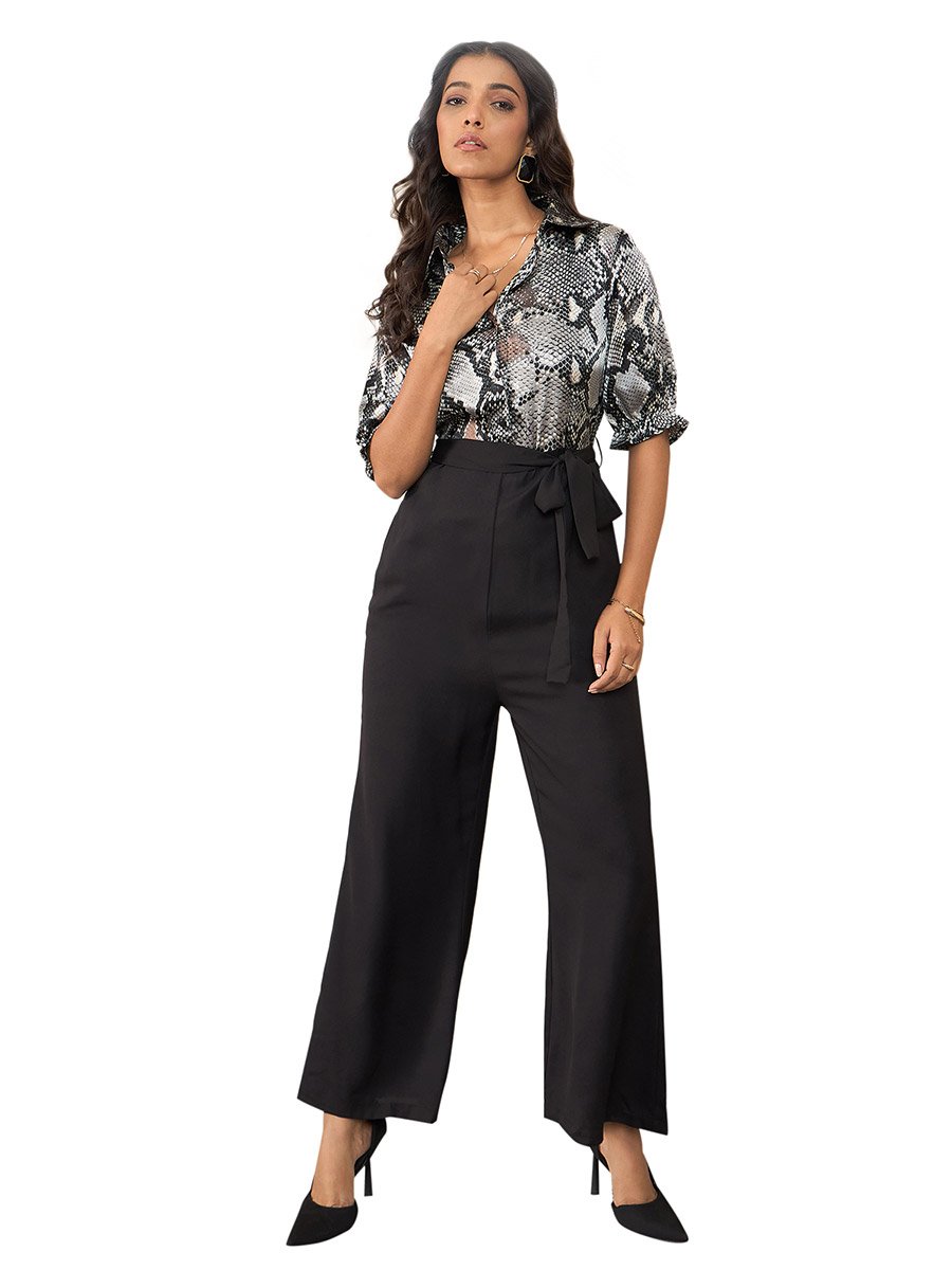 Satin Snake Print Buttoned Jumpsuit