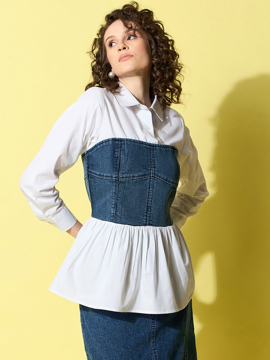White Cotton Top with attached Denim Corset