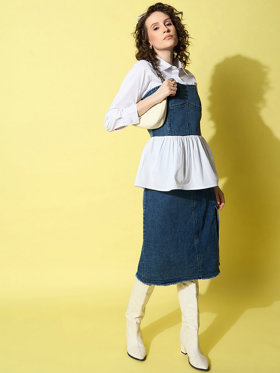White Cotton Top with attached Denim Corset