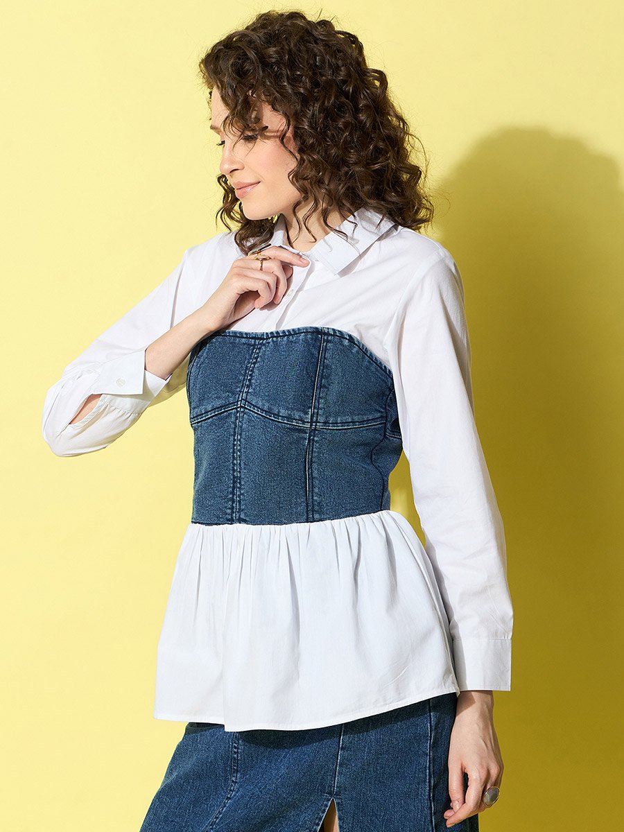 White Cotton Top with attached Denim Corset