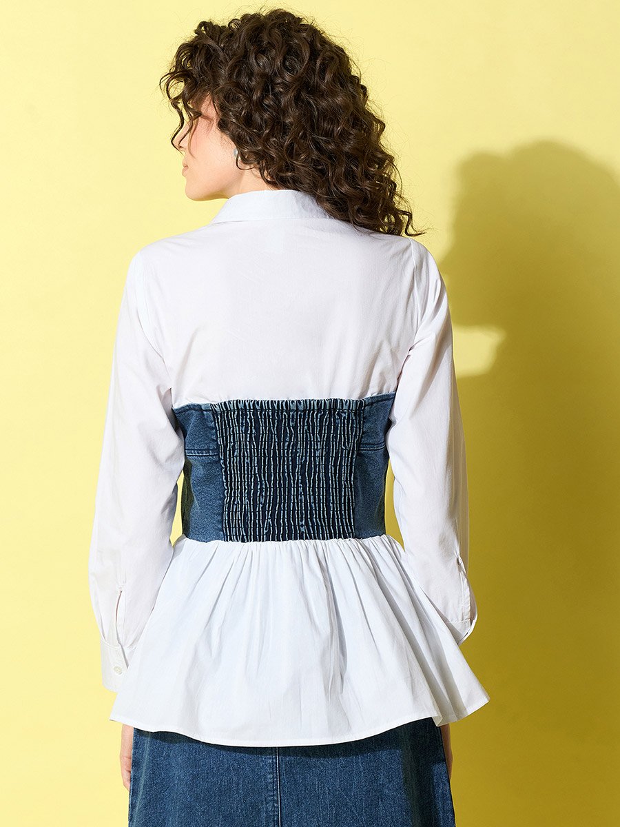 White Cotton Top with attached Denim Corset