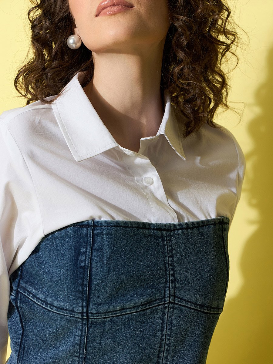 White Cotton Top with attached Denim Corset